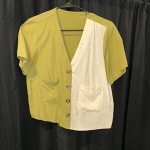 Two-Tone Green and White Button-Up Women's Top